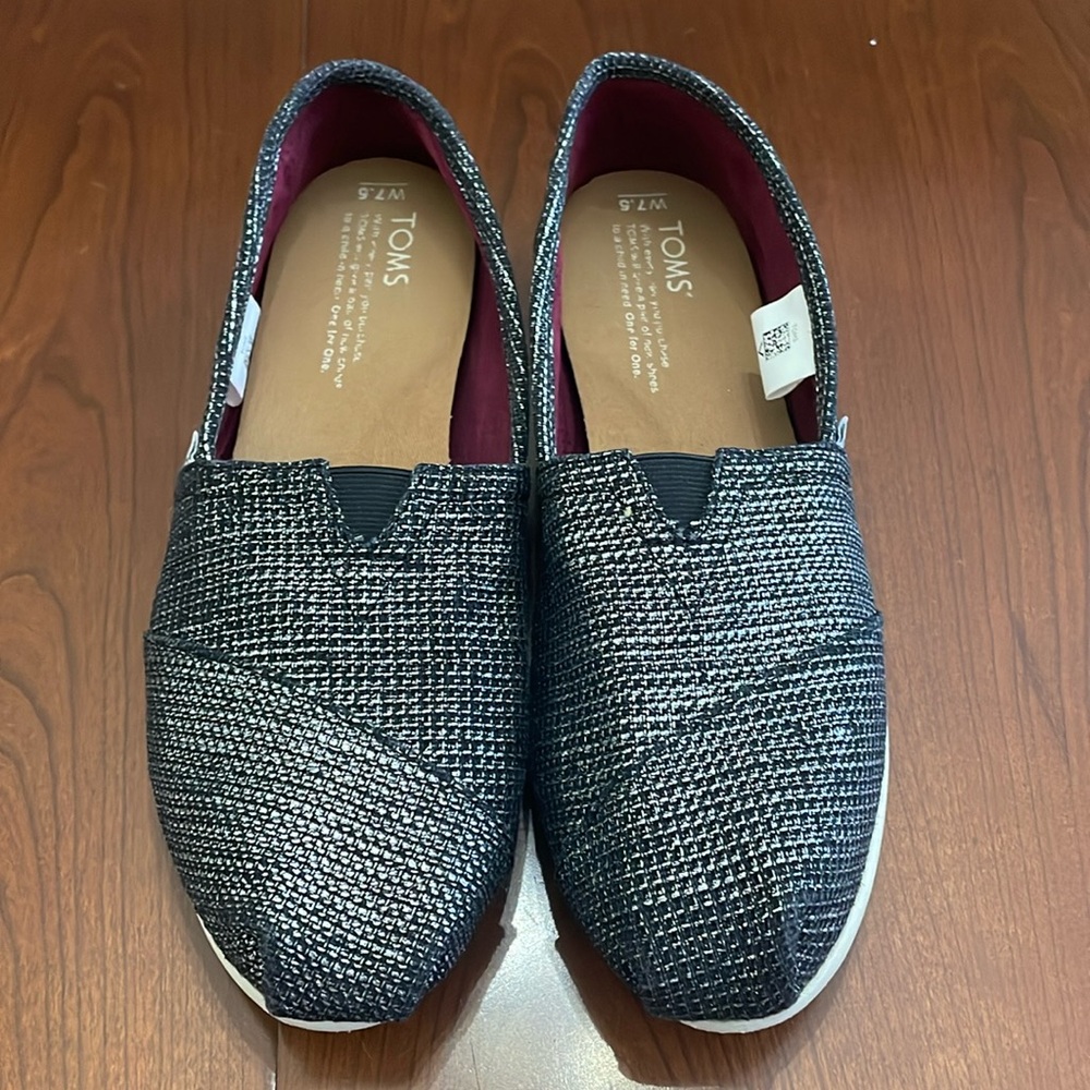 TOMS Classic Black Metallic Burlap Flat Shoes
